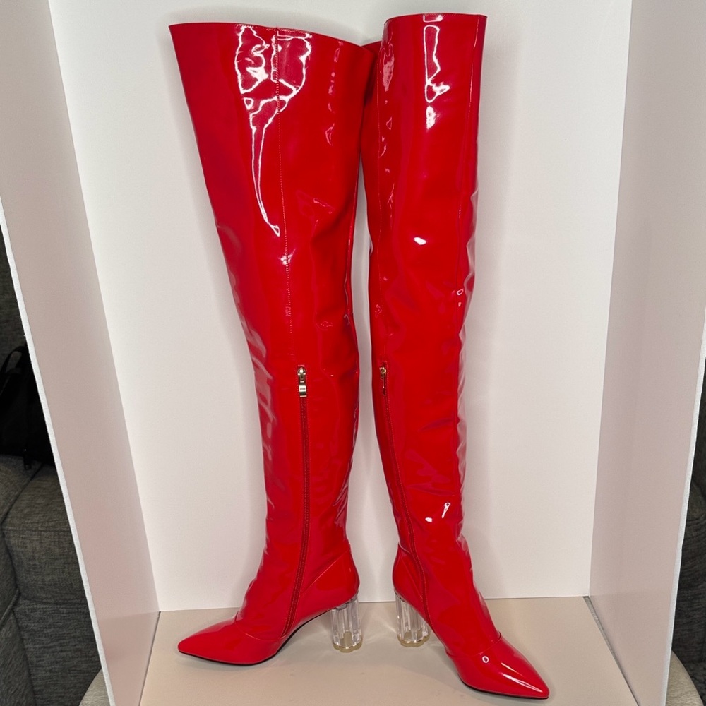 Patent Red Over-the-Knee Boots with Clear Heel